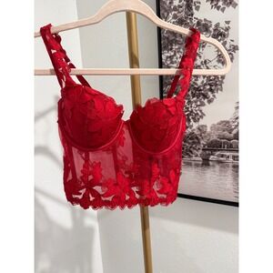 Victoria's Secret Very Sexy Red Floral Lace Balconette Corset Bustier Top 34B